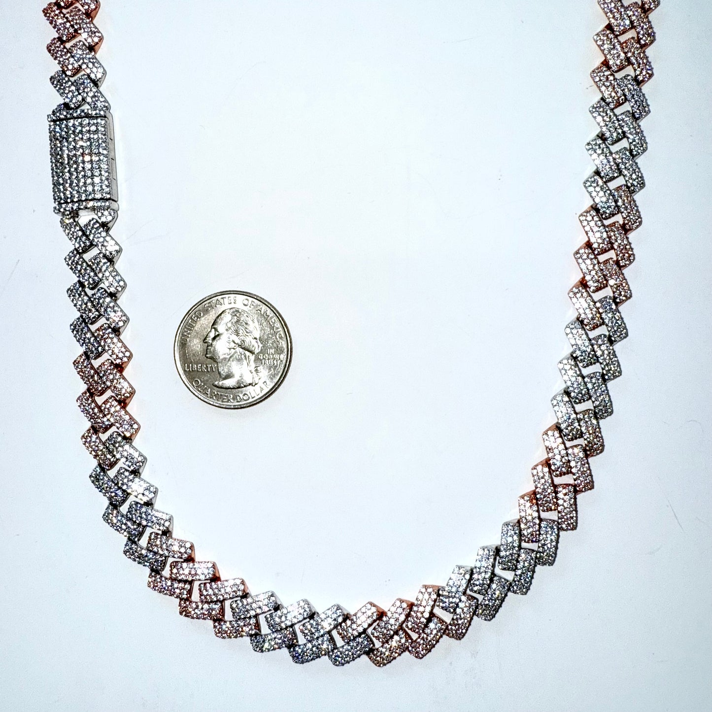 925 Sterling Silver & Rose Gold Chain Necklace Iced Out- 12mm