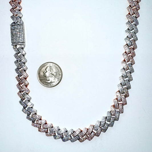 925 Sterling Silver & Rose Gold Chain Necklace Iced Out- 12mm