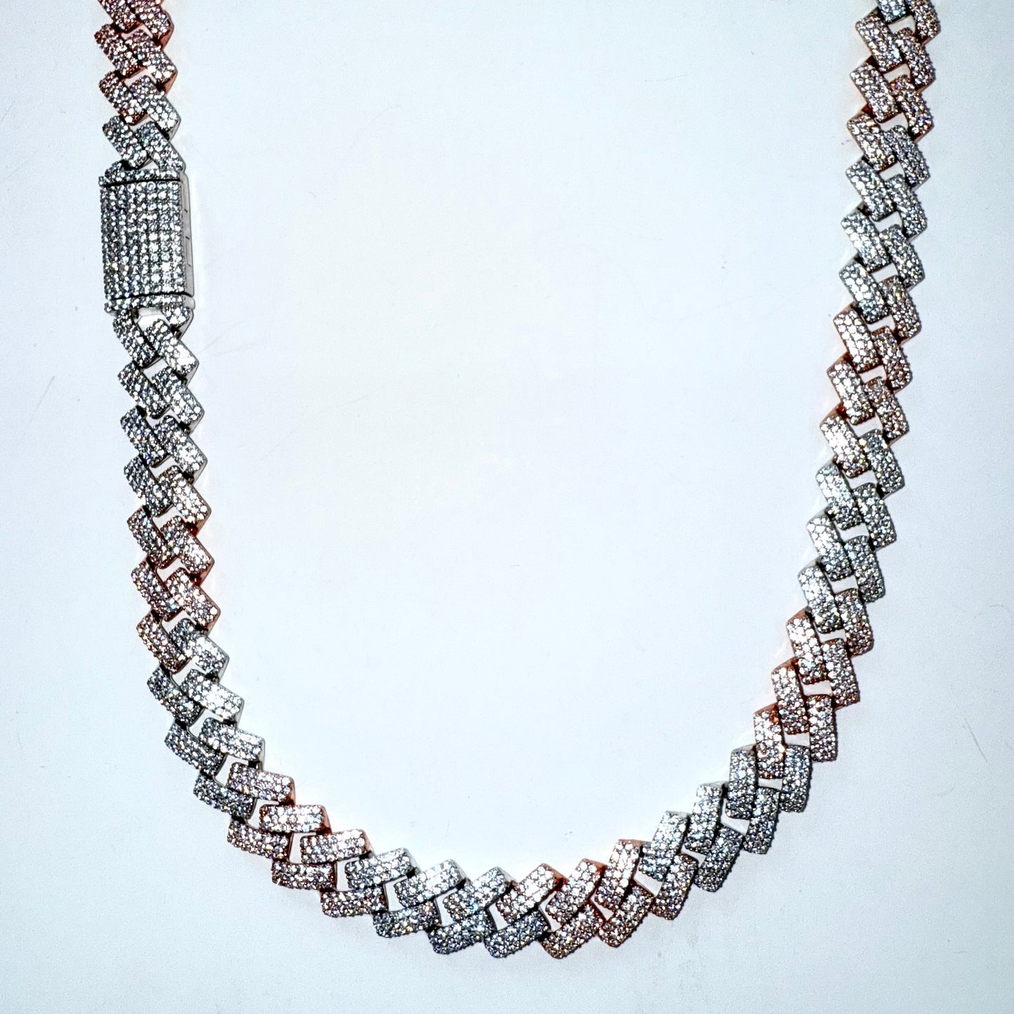 925 Sterling Silver & Rose Gold Chain Necklace Iced Out- 12mm