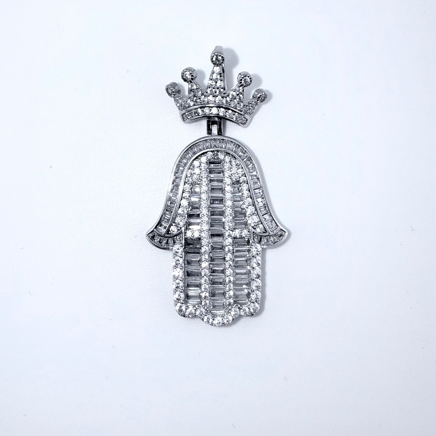 Real 925 Sterling Silver CZ Crown Hamsa Hand Pendant