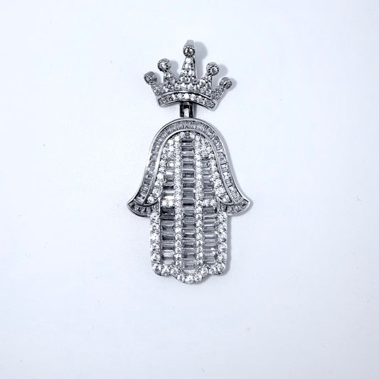 Real 925 Sterling Silver CZ Crown Hamsa Hand Pendant