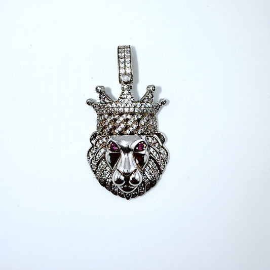 Real 925 Sterling Silver CZ Lion Crown Head Pendant