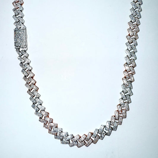 925 Sterling Silver & Rose Gold Chain Necklace Iced Out- 10mm