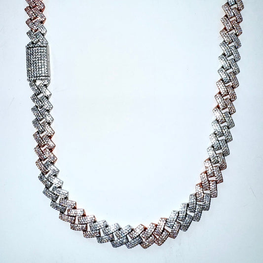 925 Sterling Silver & Rose Gold Chain Necklace Iced Out- 12mm