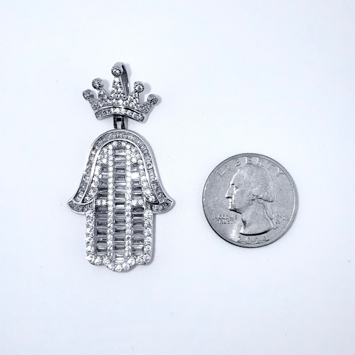 Real 925 Sterling Silver CZ Crown Hamsa Hand Pendant