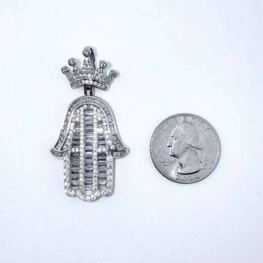 Real 925 Sterling Silver CZ Crown Hamsa Hand Pendant