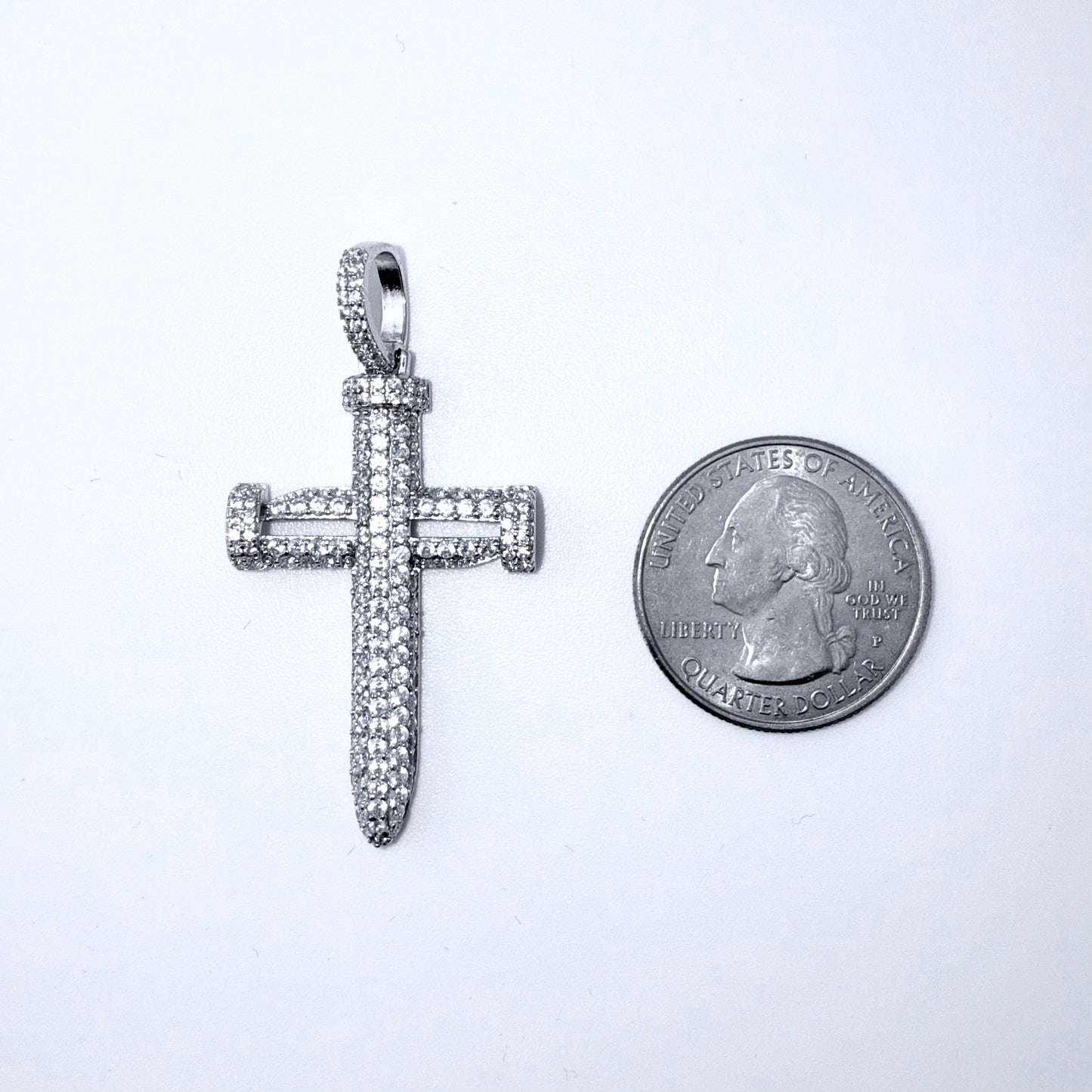 Real 925 Sterling Silver CZ Nail Cross Pendant