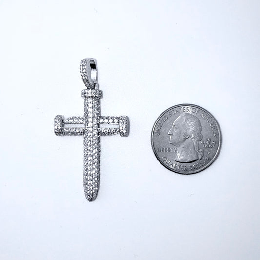 Real 925 Sterling Silver CZ Nail Cross Pendant