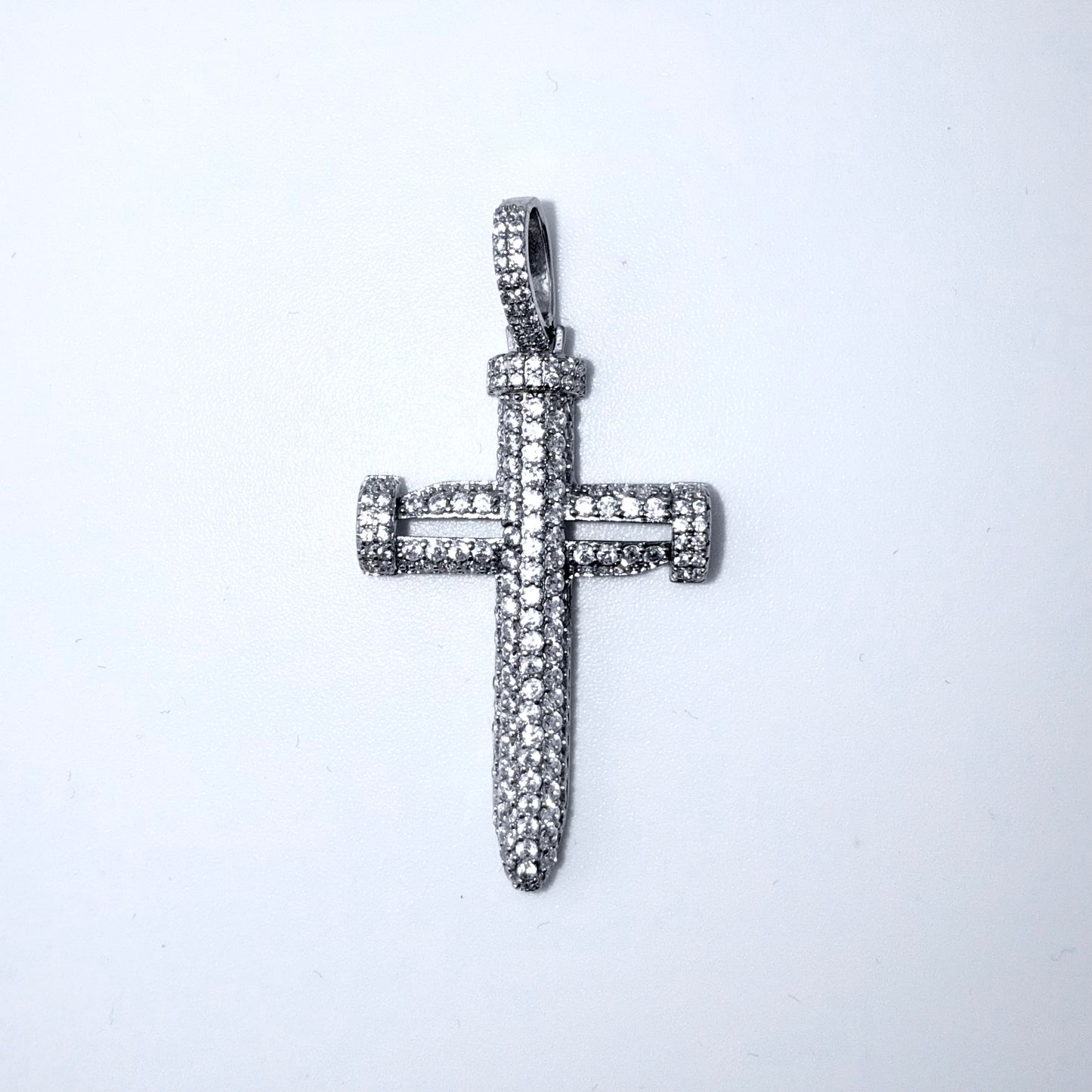 Real 925 Sterling Silver CZ Nail Cross Pendant