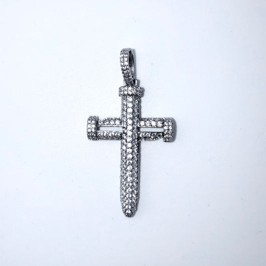 Real 925 Sterling Silver CZ Nail Cross Pendant
