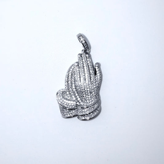 Real 925 Sterling Silver CZ Prayer Hand Pendant