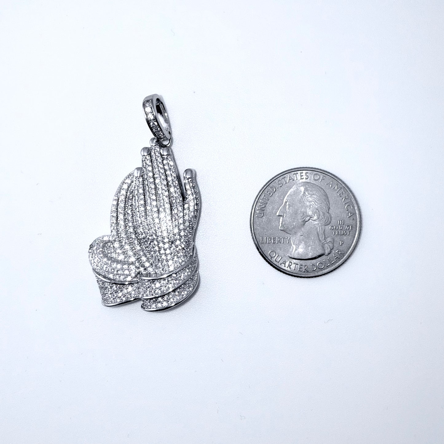 Real 925 Sterling Silver CZ Prayer Hand Pendant